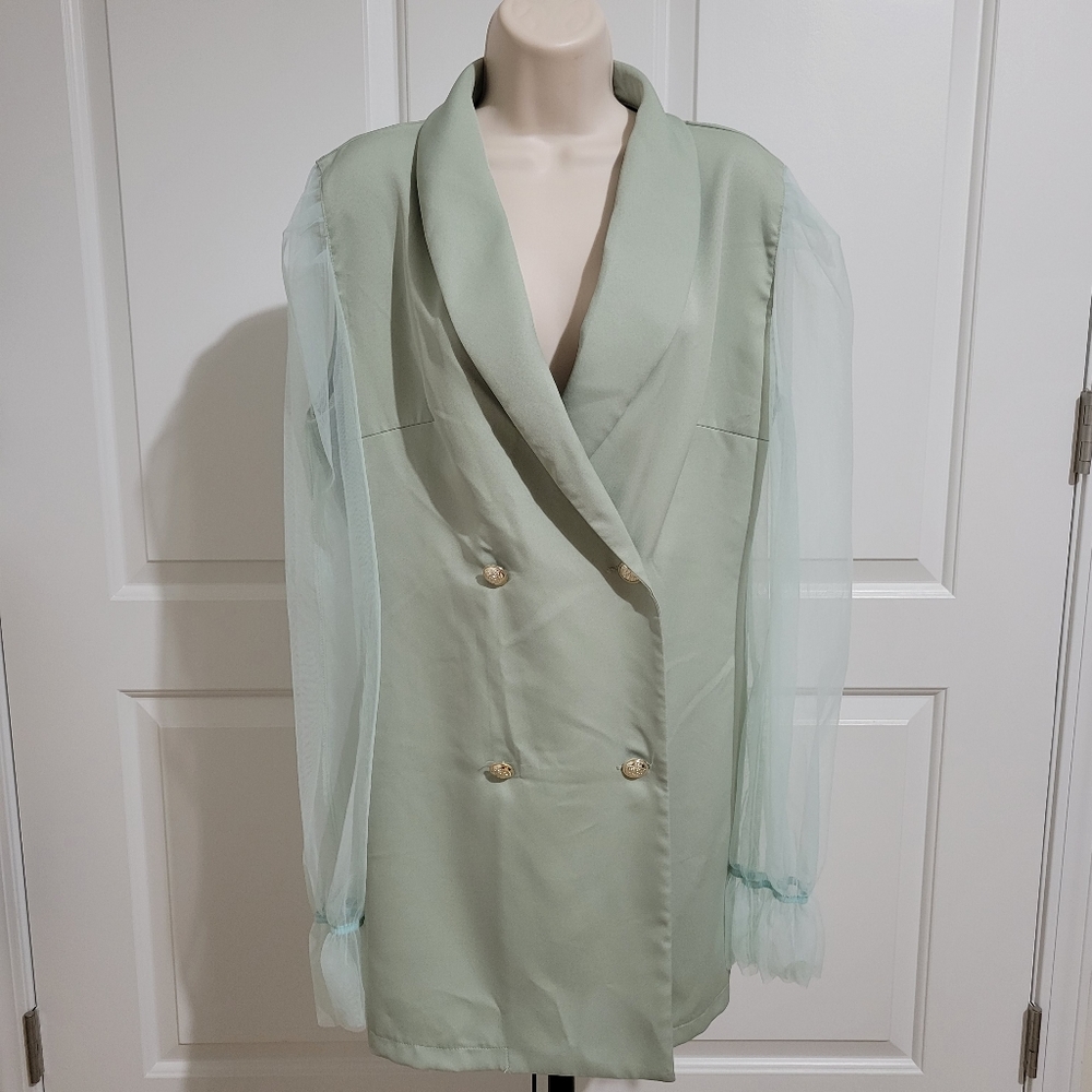 🎉3/$12🎉 PrettyLittleThing Sage Green Button Up Organza Sleeve Blazer Dress